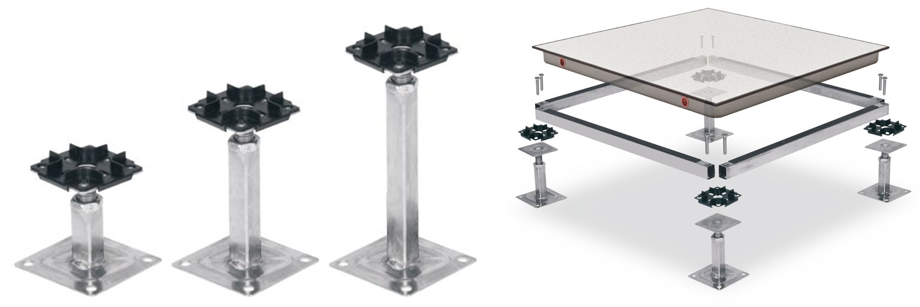 RhinoROC standard pedestals in three heights and bolted stringer system